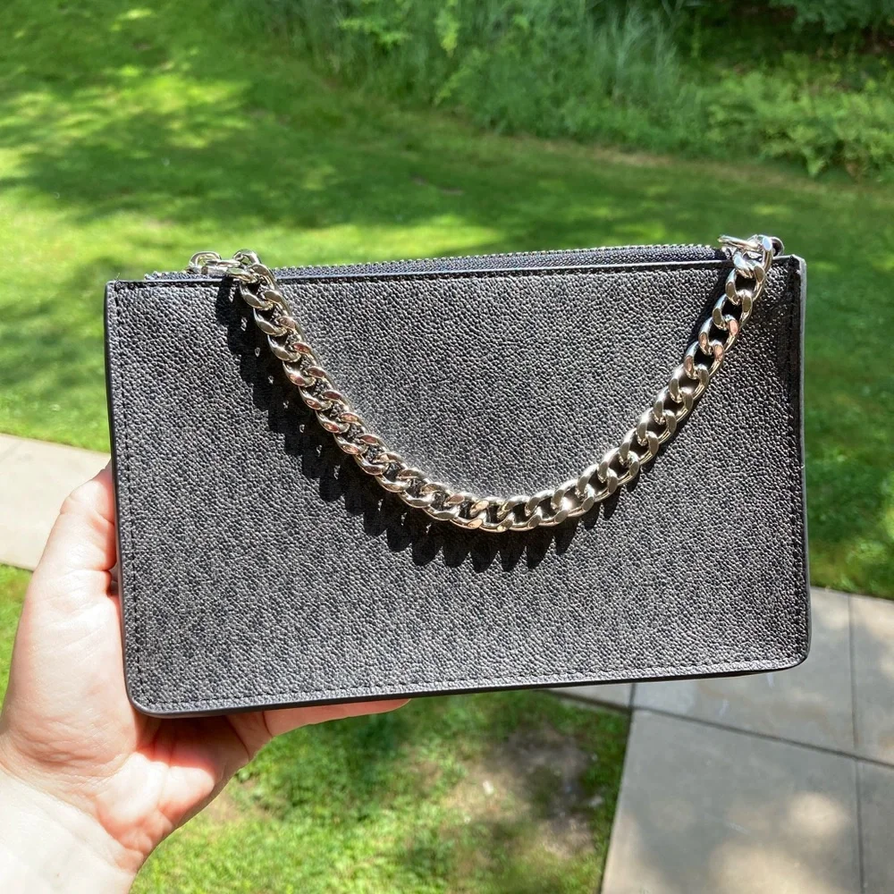 Michael Kors Black Logo Print Belt Bag Fanny Pack With Silver Pull Chain Small